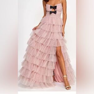 Elegant Pink Tiered Dress with Black Bow